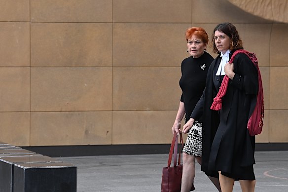 Pauline Hanson and her barrister, Sue Chrysanthou, SC, outside the Federal Court in Sydney on Monday.