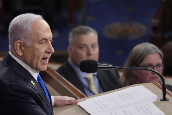 Israeli Prime Minister Benjamin Netanyahu speaks to a joint meeting of Congress at the Capitol in Washington.