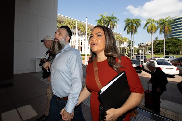 Jacinta Price and her husband Colin Lillie arrive at the Federal Court in Darwin for the first day of the defamation trial against her. 