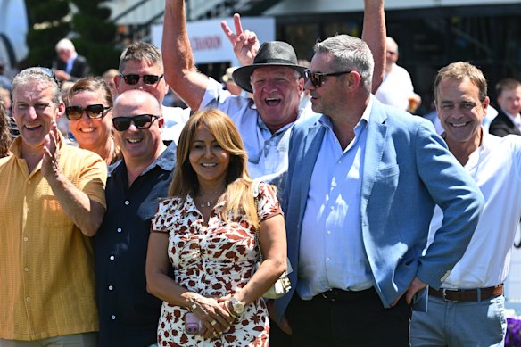 Clinton McDonald, second from right in blue jacket, joins owners after Streisand’s Caulfield win earlier this month.