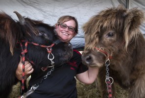 Breeder and exhibitor Erica Smith with her Highland Nevaeh and Maverick cattle.