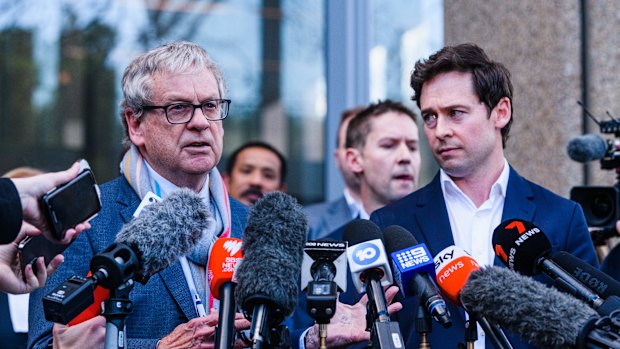 Journalists Chris Masters and Nick McKenzie after the defamation verdict in 2023.