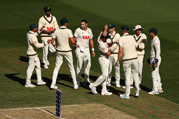 Scott Boland celebrates the wicket of Will Jacks.