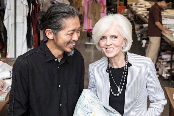Jeweller Jan Logan with designer Akira Isogawa in his Marrickville warehouse in 2018.