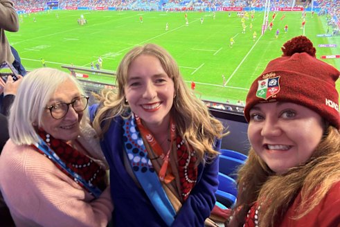 Rebecca Grice, right, with Georgia King, centre and King’s nan, Jill Wilkinson, left, at the Lions versus NSW Waratahs game at Allianz Stadium in Sydney on July 5.