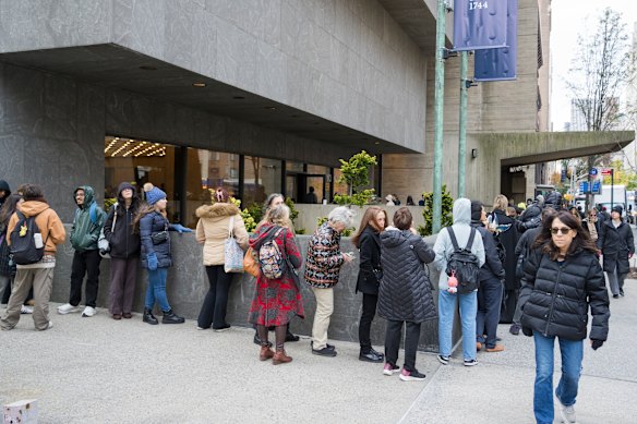 The queue outside Sotheby’s new auction house, the Breuer building on Manhattan’s Upper East Side.