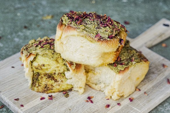 Rose petals add a pretty detail to these pistachio morning buns.
