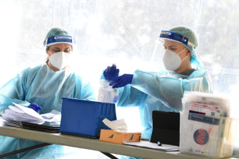 Healthcare workers at a testing facility in Clyde, Melbourne, on September 18.