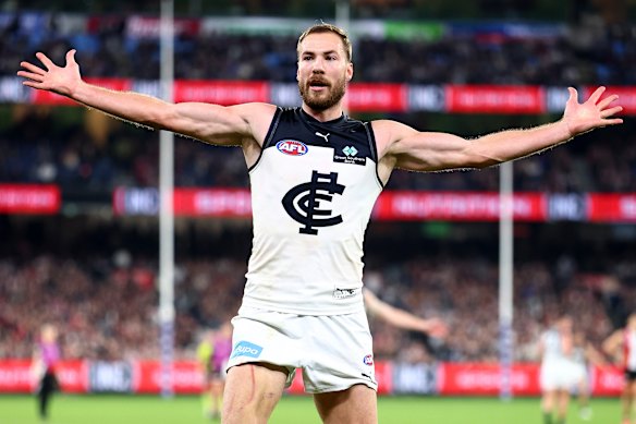 Harry McKay of the Carlton Blues celebrates kicking a goal during the round nine match against St Kilda Saints.