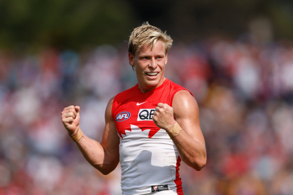 Isaac Heeney of the Swans celebrates a goal against the West Coast Eagles
