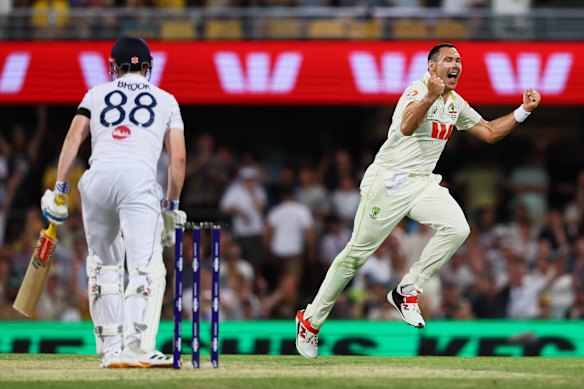 Scott Boland picks up the wicket of Harry Brook in Brisbane.