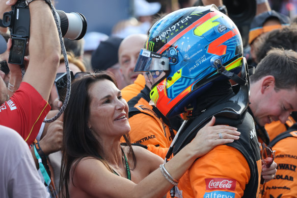 Oscar Piastri embraces his mother, Nicole, after his win in Baku.