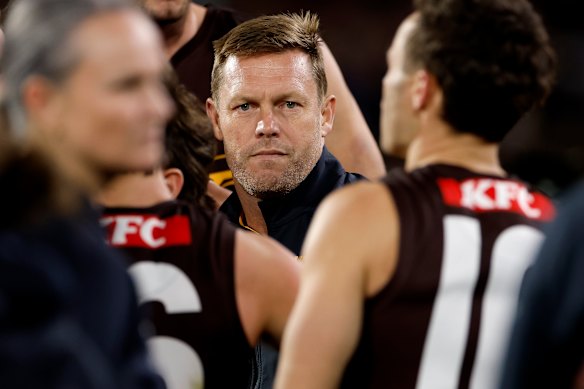 Not happy Sam: Hawthorn’s coach Sam Mitchell gave a good, old-fashioned spray at three-quarter-time.
