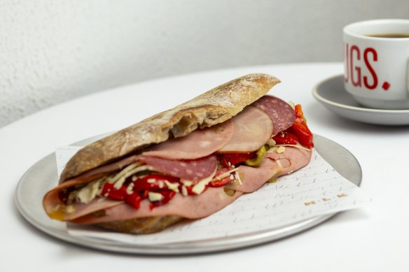 Meaty deli sandwiches.