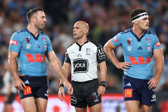 Ashley Klein refereeing last month’s State of Origin opener.