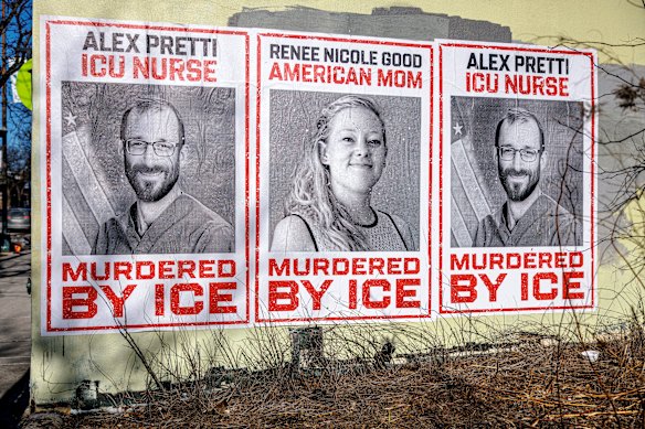 Posters depicting Alex Pretti and Nicole Good near the site where Pretti was fatally shot in Minneapolis.