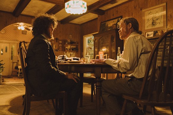 Jesse Plemons (right) with Aidan Delbis in Bugonia.