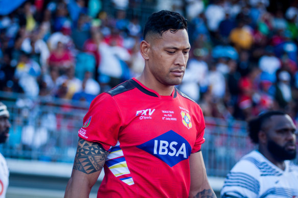 Israel Folau turns out for Tonga against Fiji in 2022.