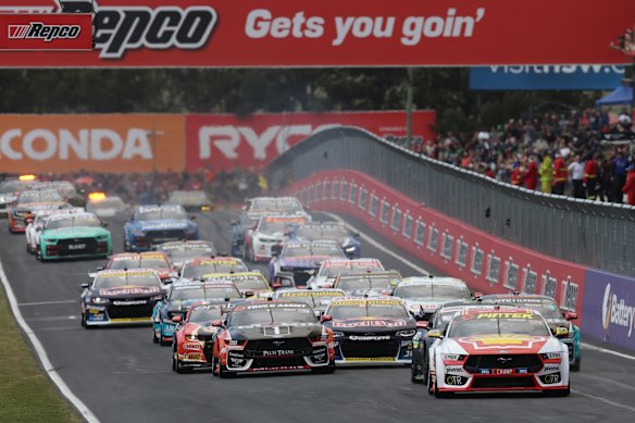 Todd Hazelwood in pole position heads for the first corner in Sunday’s Bathurst 1000.