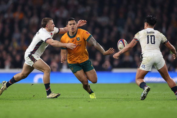 Len Ikitau produces the no-look flick pass that set Max Jorgensen free to score.