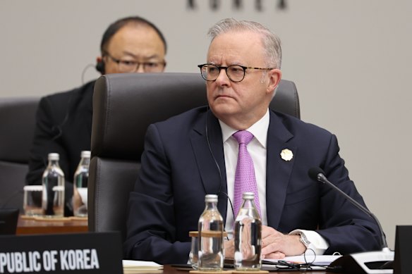 Prime Minister Anthony Albanese at the APEC economic leaders’ meeting in Gyeongju, South Korea on Saturday.
