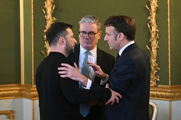 Ukraine’s Volodymyr Zelensky, Britain’s Keir Starmer and France’s Emmanuel Macron in London on Sunday.