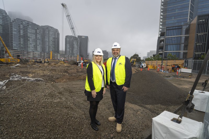 Elyssa Anderson, Mirvac general manager of residential Victoria, and Stuart Penklis, CEO of development at Mirvac, at the construction site of 45-level residential tower Trielle.