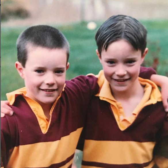 Mitch (right) aged 10 with his twin brother Nathan, who played 183 games for Collingwood and St Kilda – the pair appearing here for Haddon Primary School.