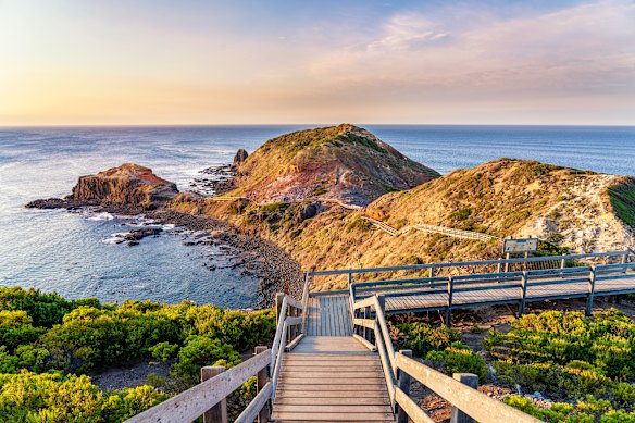 Wooden walkways lead towards the Pulpit Rock Sea Stack in Victoria’s Mornington Peninsula region.