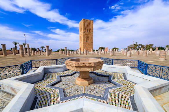 Hassan Tower looms over a spectacular Zellij-tiled marble fountain.