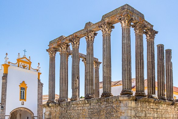 The ancient Roman Temple of Diana, beside Pousada Convento dos Loios, in Evora, Portugal. 
