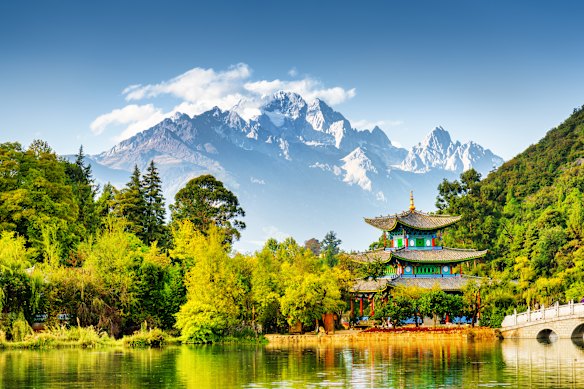 The Moon Embracing Pavilion in Lijiang’s Jade Spring Park.
