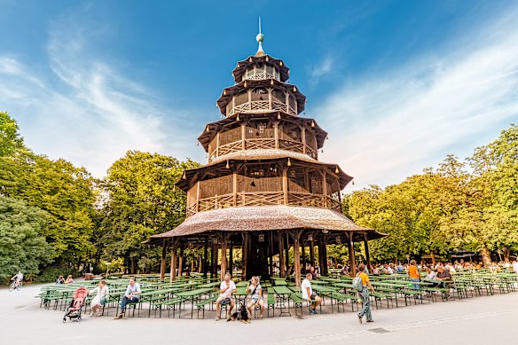 The Chinese Tower in Munich’s English Garden was rebuilt after it was destroyed by Allied bombing in World War II.