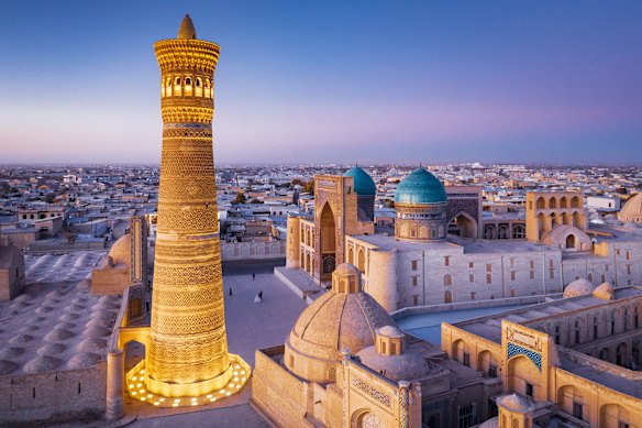 The old town of the Uzbek city of Bukhara is renowned for its Kalyan Minaret and Miri Arab Madressa. 