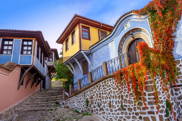 A cobbled street in the UNESCO World Heritage-listed old town of Plovdiv, Bulgaria.