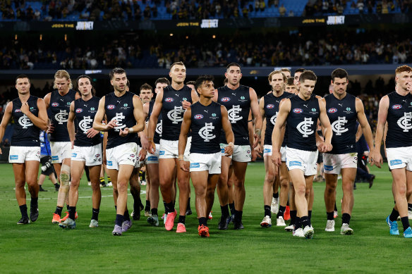 The Blues leave the field after the shock loss to Richmond.