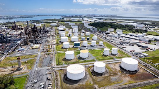 An aerial view of the Ampol oil refinery in Brisbane. Australia has just two oil refineries.