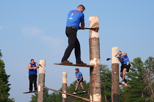 The final springboard chop event is underway during the Lumberjack World Championships in Hayward, Wisconsin.