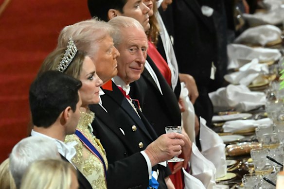 King Charles and Donald Trump dine together at the State Banquet at Windsor Castle.