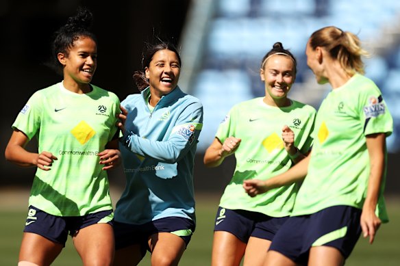 Mary Fowler with Matildas teammates Sam Kerr, Caitlin Foord and Emily Van Egmond in 2022.