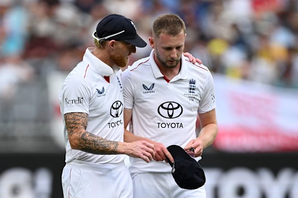 England captain Ben Stokes with fast bowler Gus Atkinson on day two of the Perth Test in November last year.