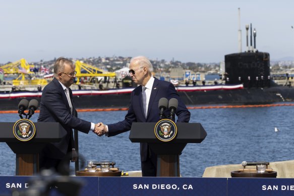 Prime Minister Anthony Albanese and US President Joe Biden shake hands during the AUKUS announcement.