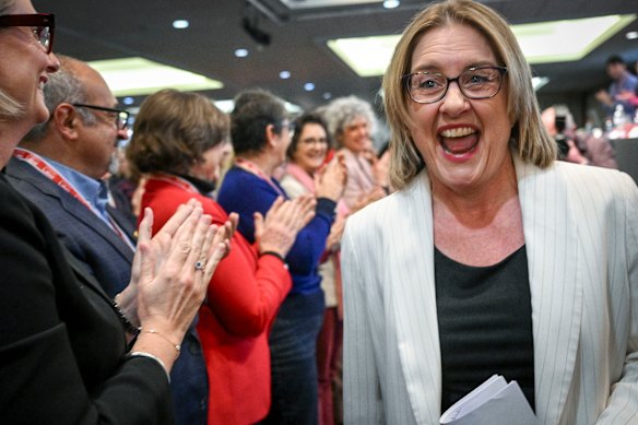Premier Jacinta Allan receives a standing ovation at Labor’s state conference on Saturday.