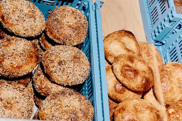 Freshly boiled and baked bagels.