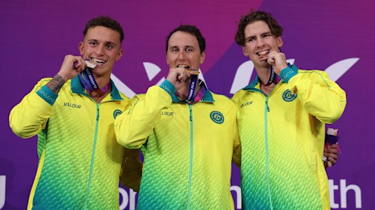 Australia go 1-2-3 in the men’s 50m freestyle as Cam McEvoy wins gold, Flynn Southam claims silver and Jamie Jack finishes with the bronze.