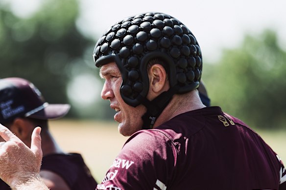 Manly’s Jake Trbojevic trials the GameGear helmet during the pre-season.