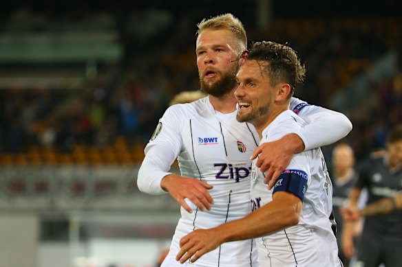 James Holland wearing the captain’s armband for Oliver Glasner’s LASK in a Europa League fixture in 2019.