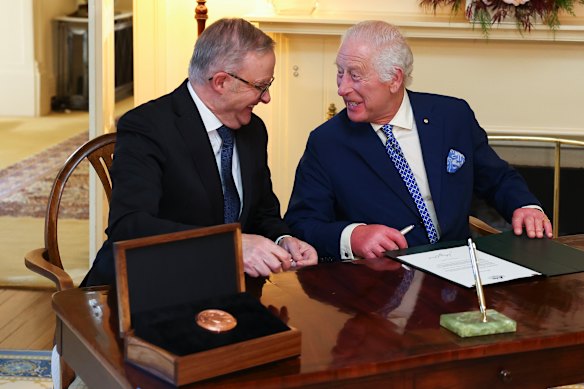 Anthony Albanese shares a joke with King Charles at Parliament House last October. 