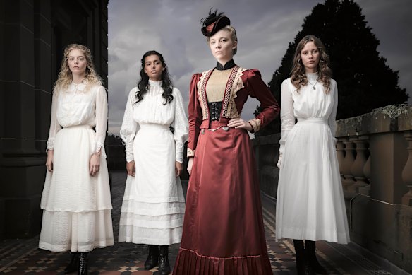 (From left) Samara Weaving, Madeleine Madden, Natalie Dormer and Lily Sullivan in the Picnic at Hanging Rock TV series.