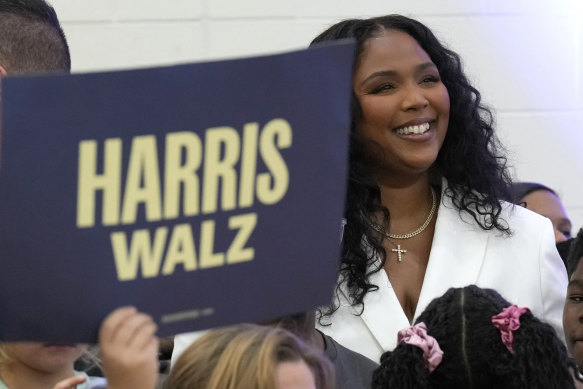 Lizzo attends a campaign event for Vice President Kamala Harris at a Detroit high school.